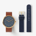 MUSTANG BROWN 34MM + NAVY LEATHER STRAP SET  (GOLD)
